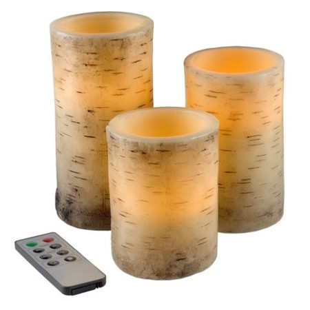 Set of 3 Flickering Flameless LED Candles with Birch Bark, Battery Operated Real Wax Pillar Candles -  HASTINGS HOME, 606786QCS